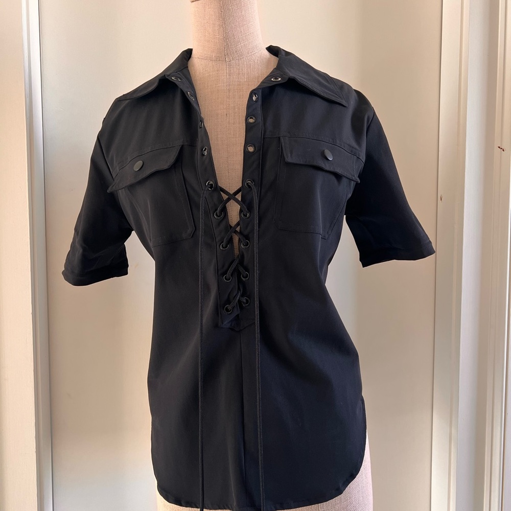 Black Lace-Up Short Sleeve Button Shirt